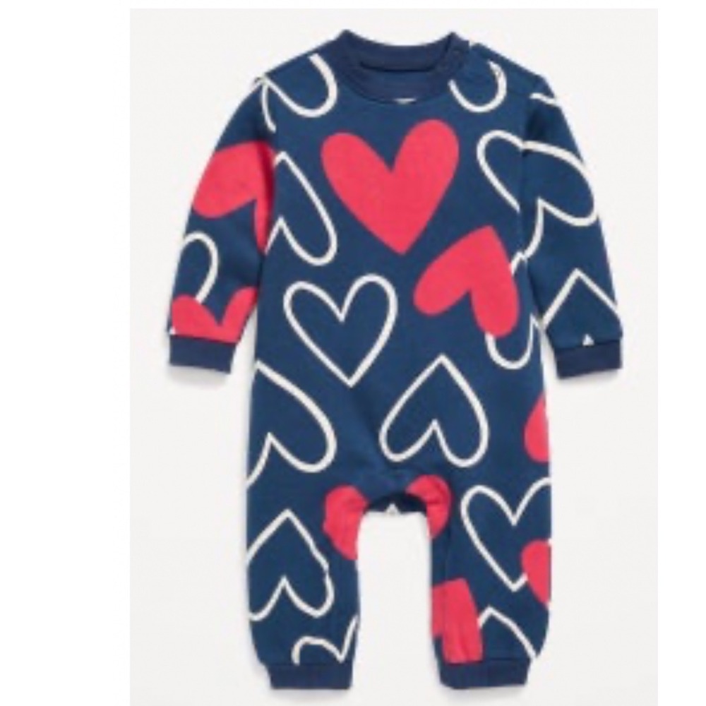 Old Navy Baby Navy Blue Heart Print Fleece Sweatshirt Jumpsuit 18-24M NWT